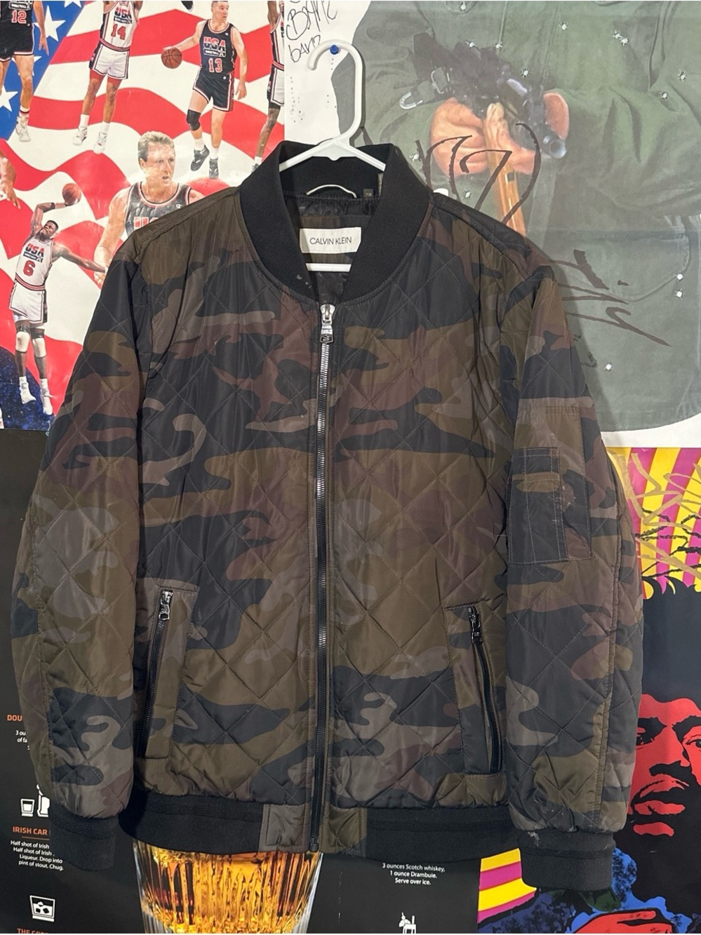 Calvin Klein Olive & Black Quilted Camo Bomber Jacket